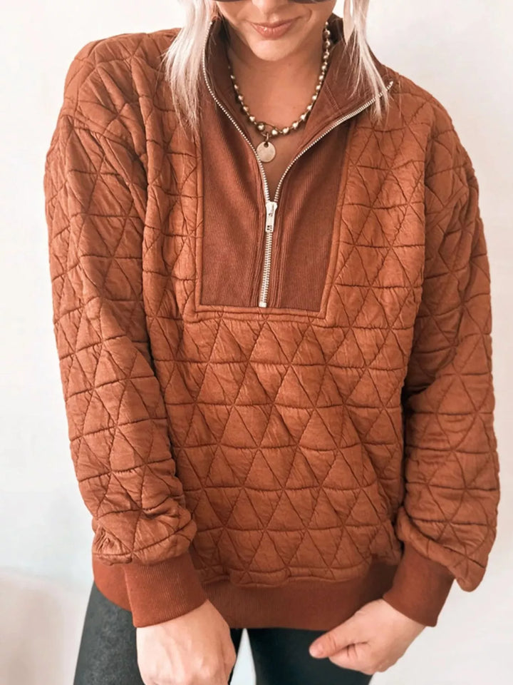Caramel Geometric quilted half-zip pullover sweatshirt