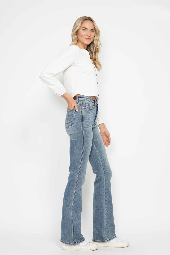 High-rise tummy control bootcut jeans with embroidered pockets
