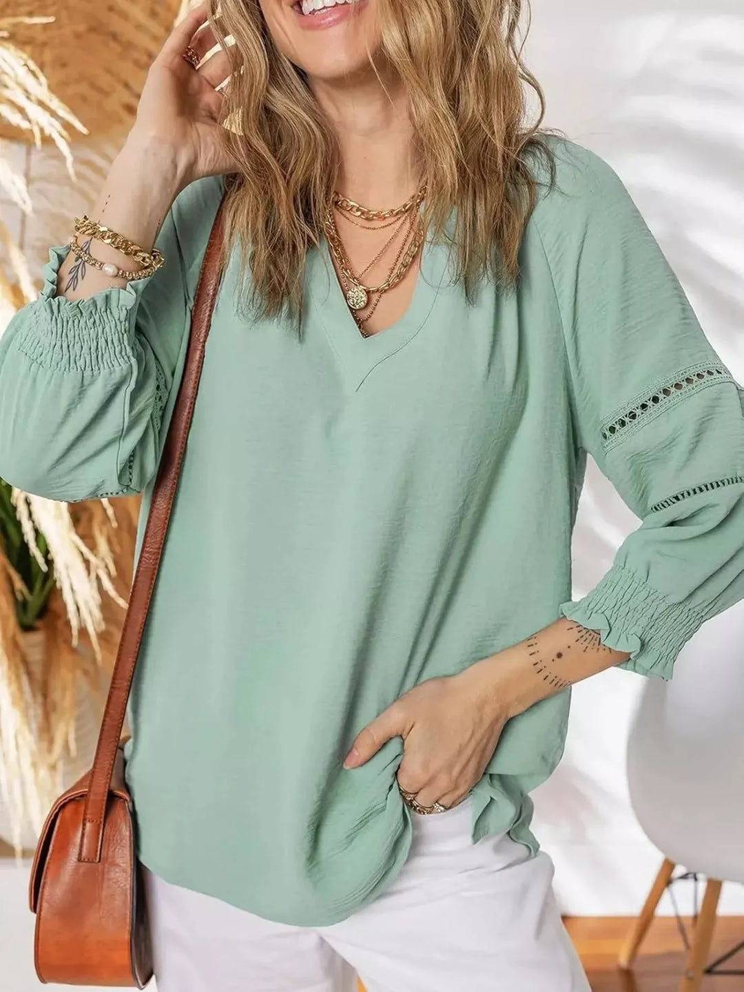 Gray Green Openwork lace trim blouse with smocked cuffs and split neck