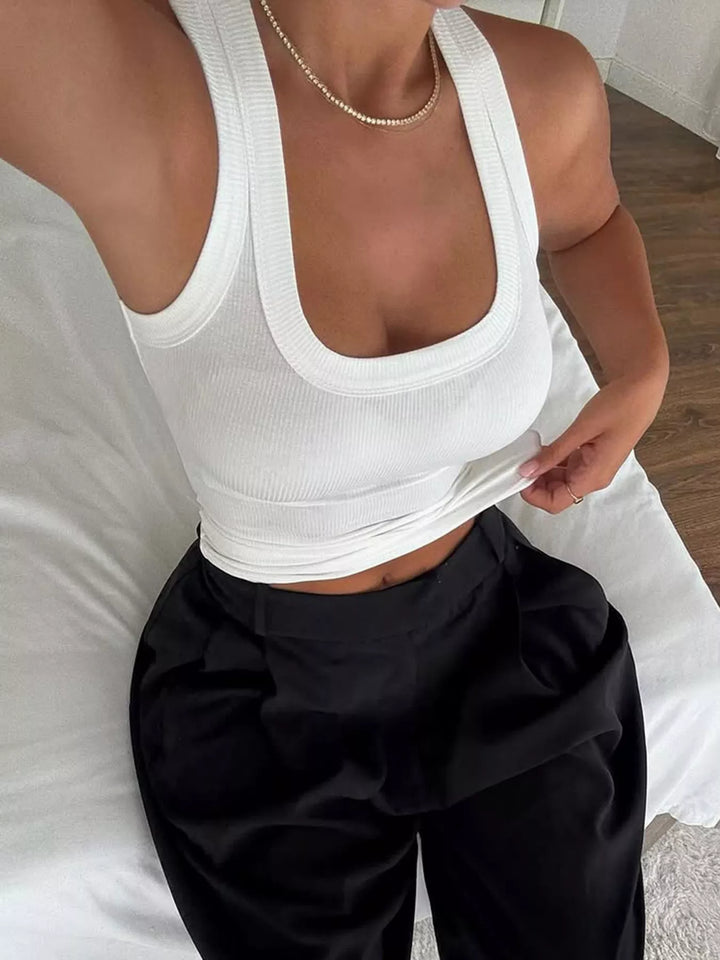 White Ribbed knit cropped tank top with scoop neck