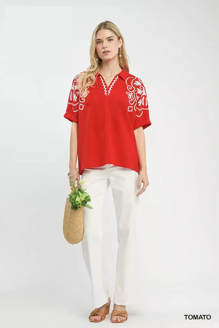 Floral embroidered puff sleeve collared blouse