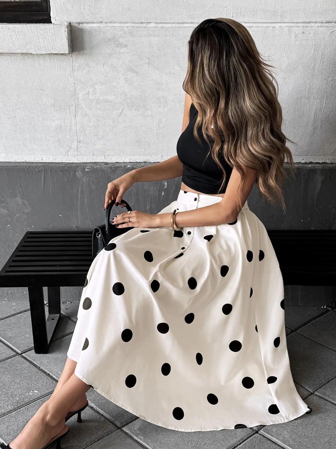 Pleated polka dot button-front midi skirt
