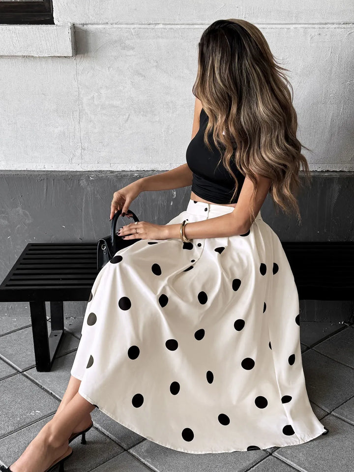 Pleated polka dot button-front midi skirt