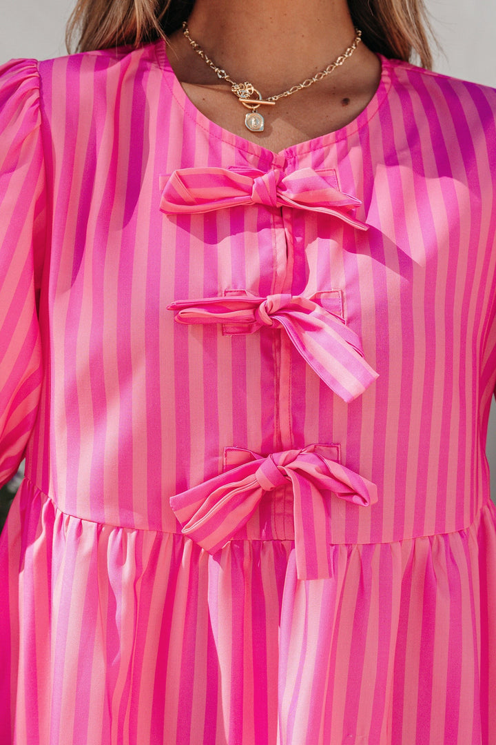 Striped puff sleeve mini dress with triple bow front