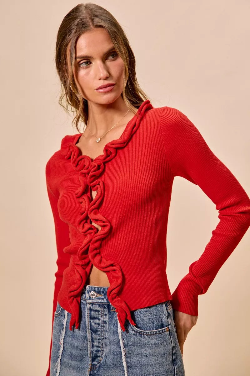 Ribbed knit cardigan with cascade ruffle trim