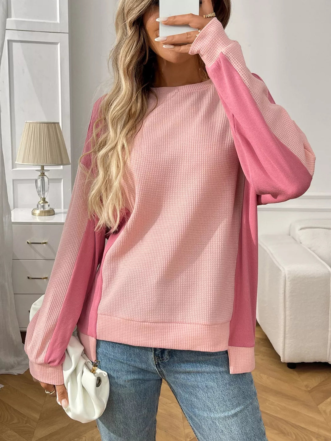 Blush Pink Color block waffle knit long sleeve top