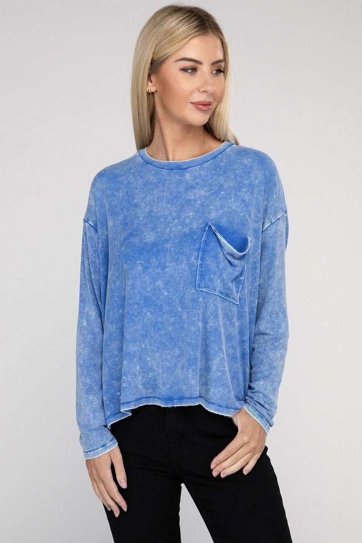 Washed Ribbed Dolman Sleeve Round Neck Top - Azoroh