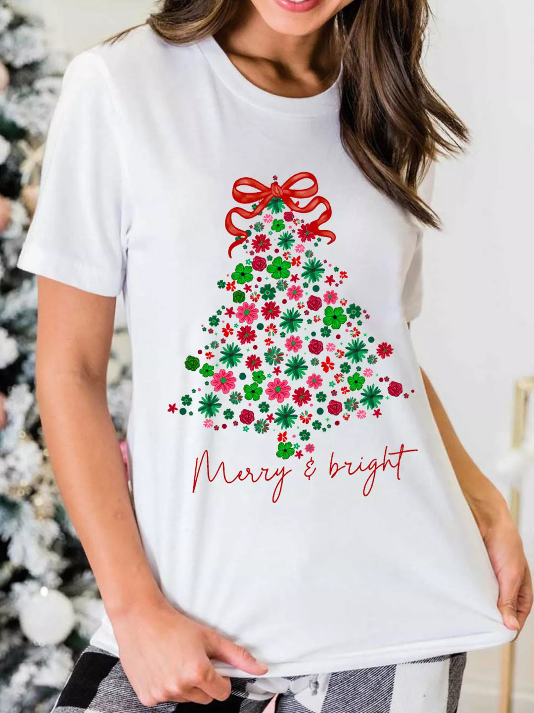White Merry &amp; bright floral Christmas tree graphic tee
