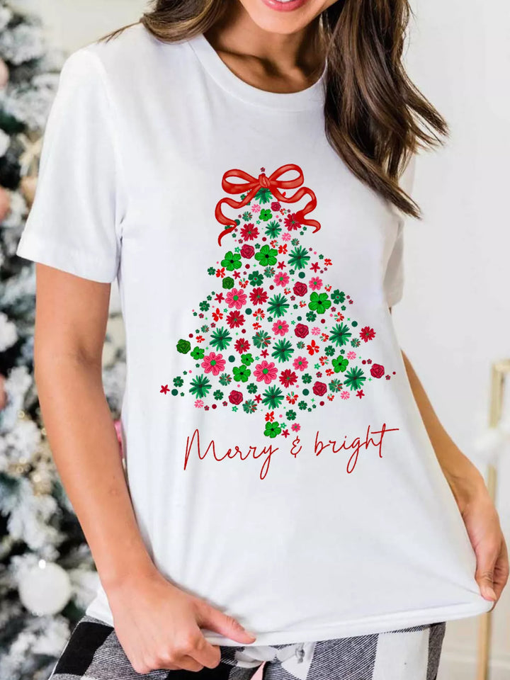White Merry & bright floral Christmas tree graphic tee
