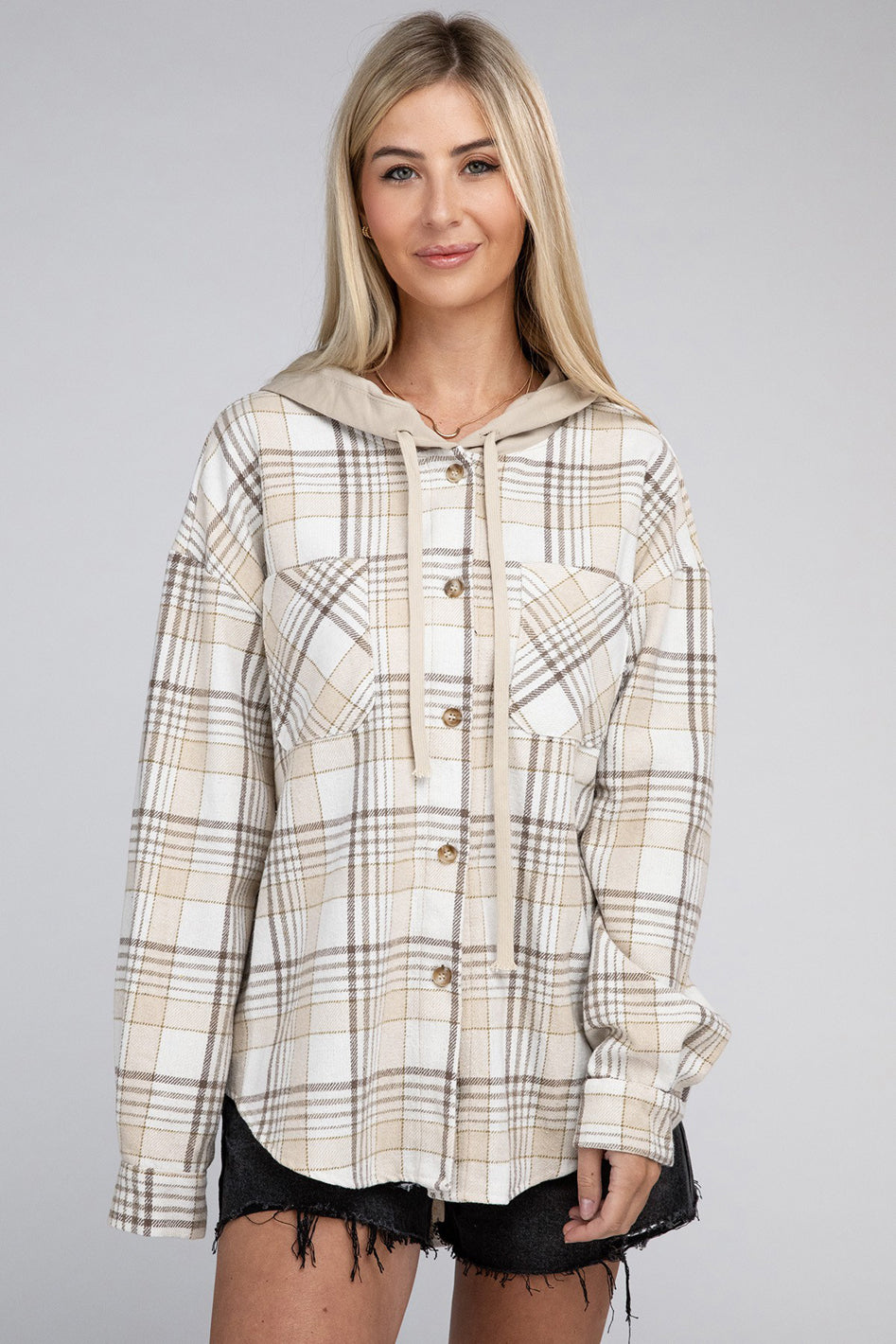 Plaid Hooded Button Up Jacket - Azoroh