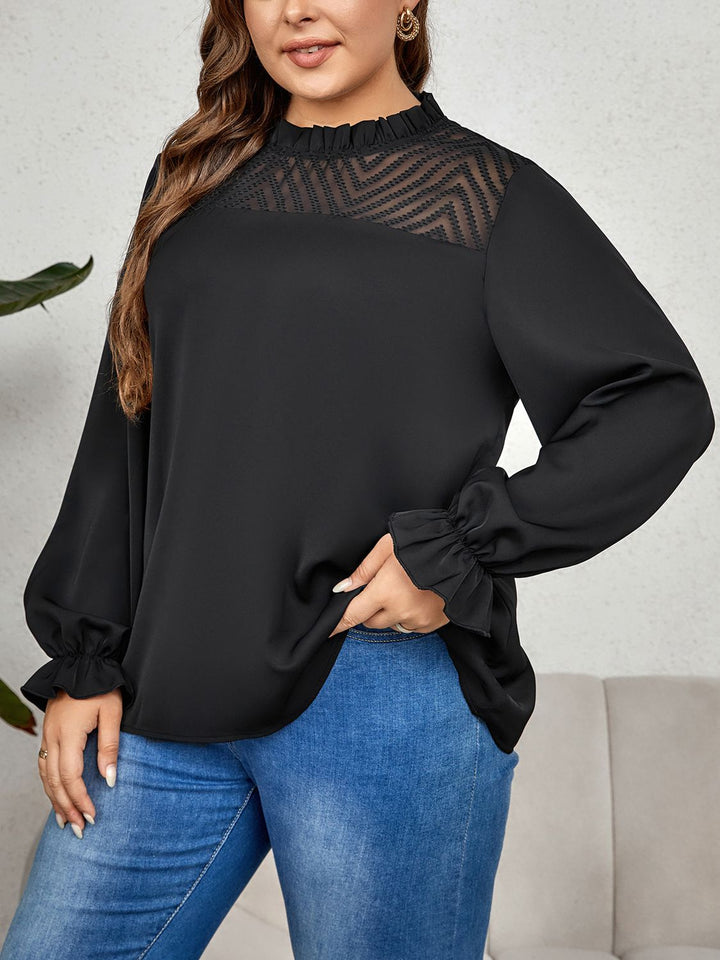 Plus size flounce sleeve blouse with sheer chevron yoke
