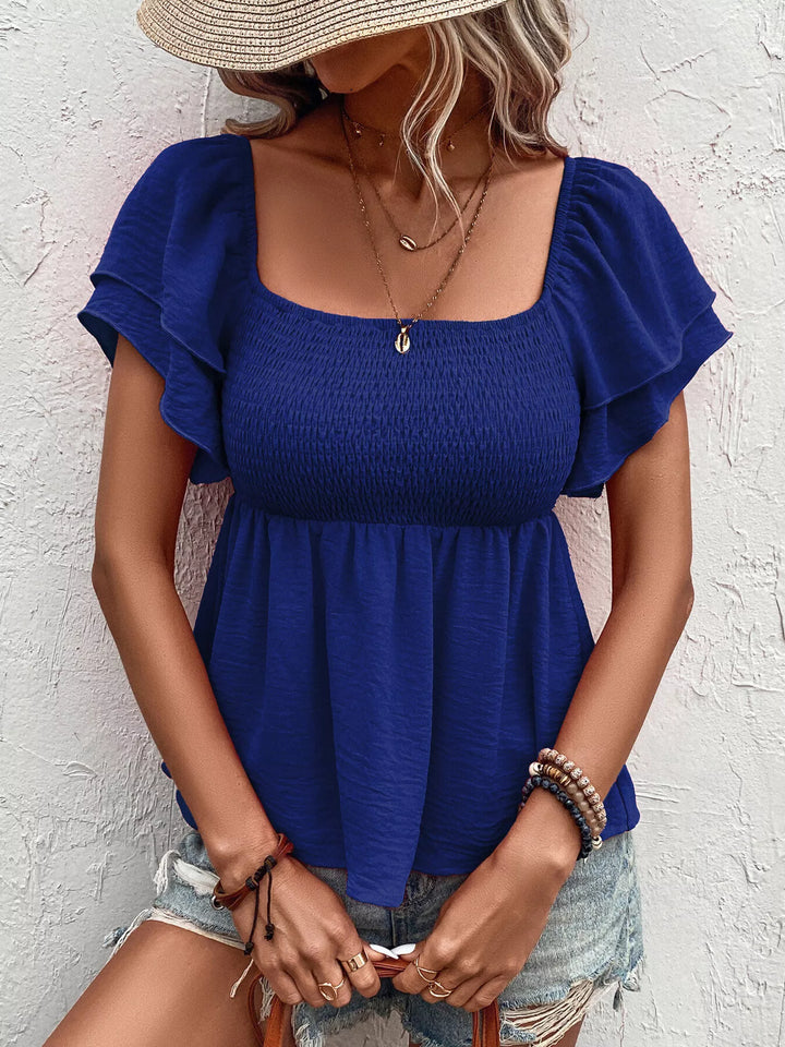 Royal Blue Smocked square neck blouse with ruffle cap sleeves