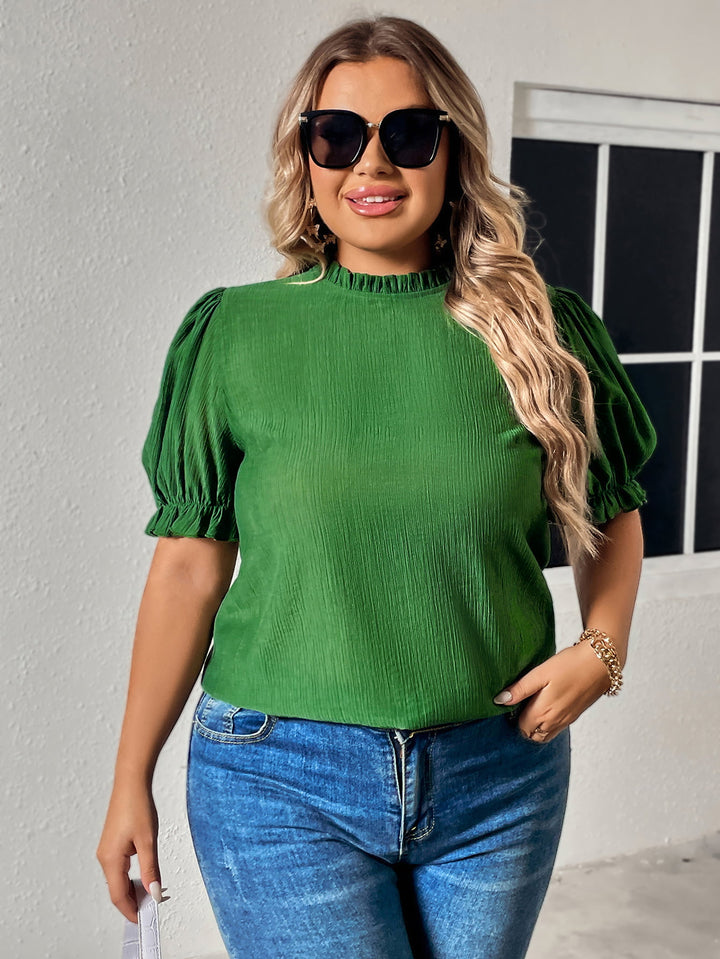 Mid Green Puff sleeve plus size blouse with ruffled round neck