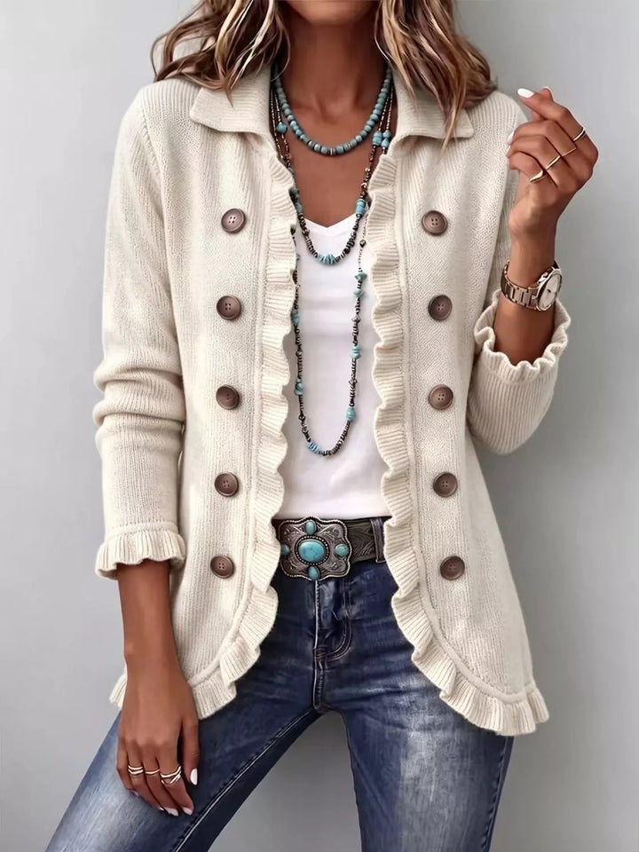 Apricot Ruffle trim knit cardigan with collar and decorative buttons