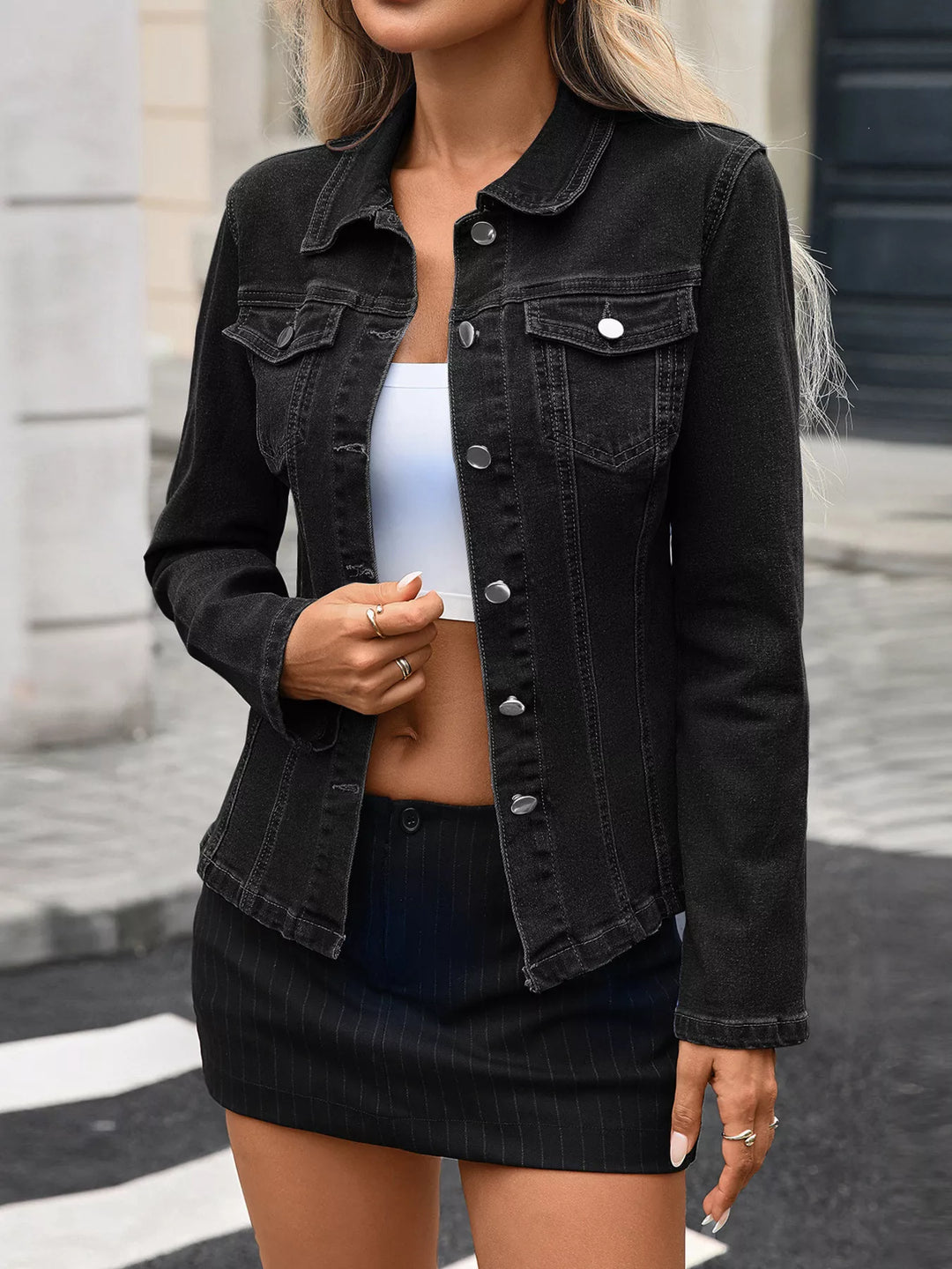 Fitted stretch denim jacket with flap chest pockets