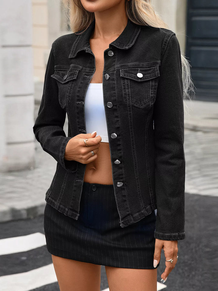 Fitted stretch denim jacket with flap chest pockets