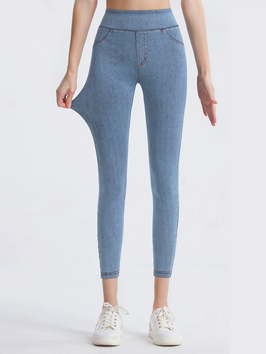 Light High-waist denim-look sports leggings with faux pockets