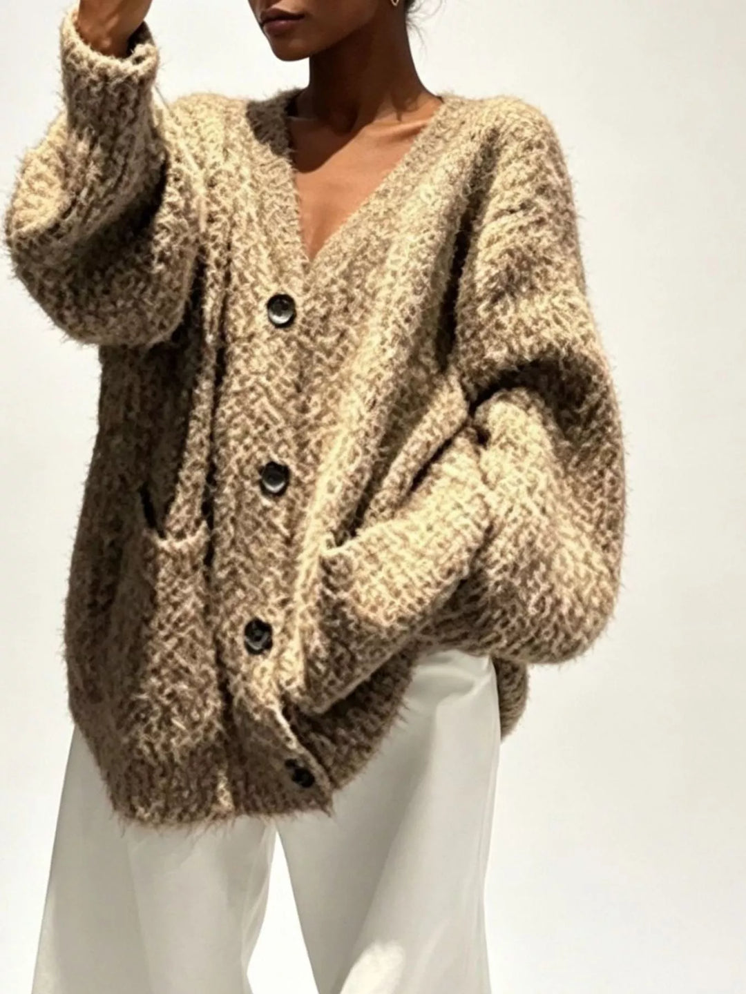 Tan Fuzzy knit V-neck button-down cardigan with patch pockets