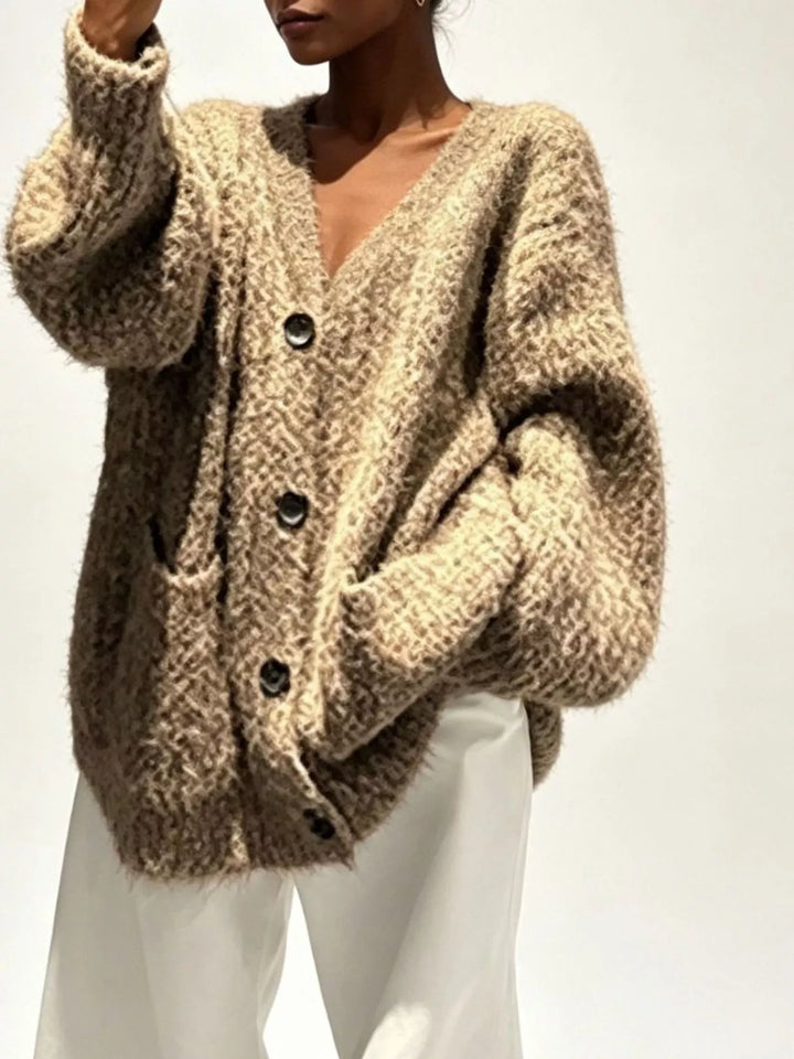 Tan Fuzzy knit V-neck button-down cardigan with patch pockets