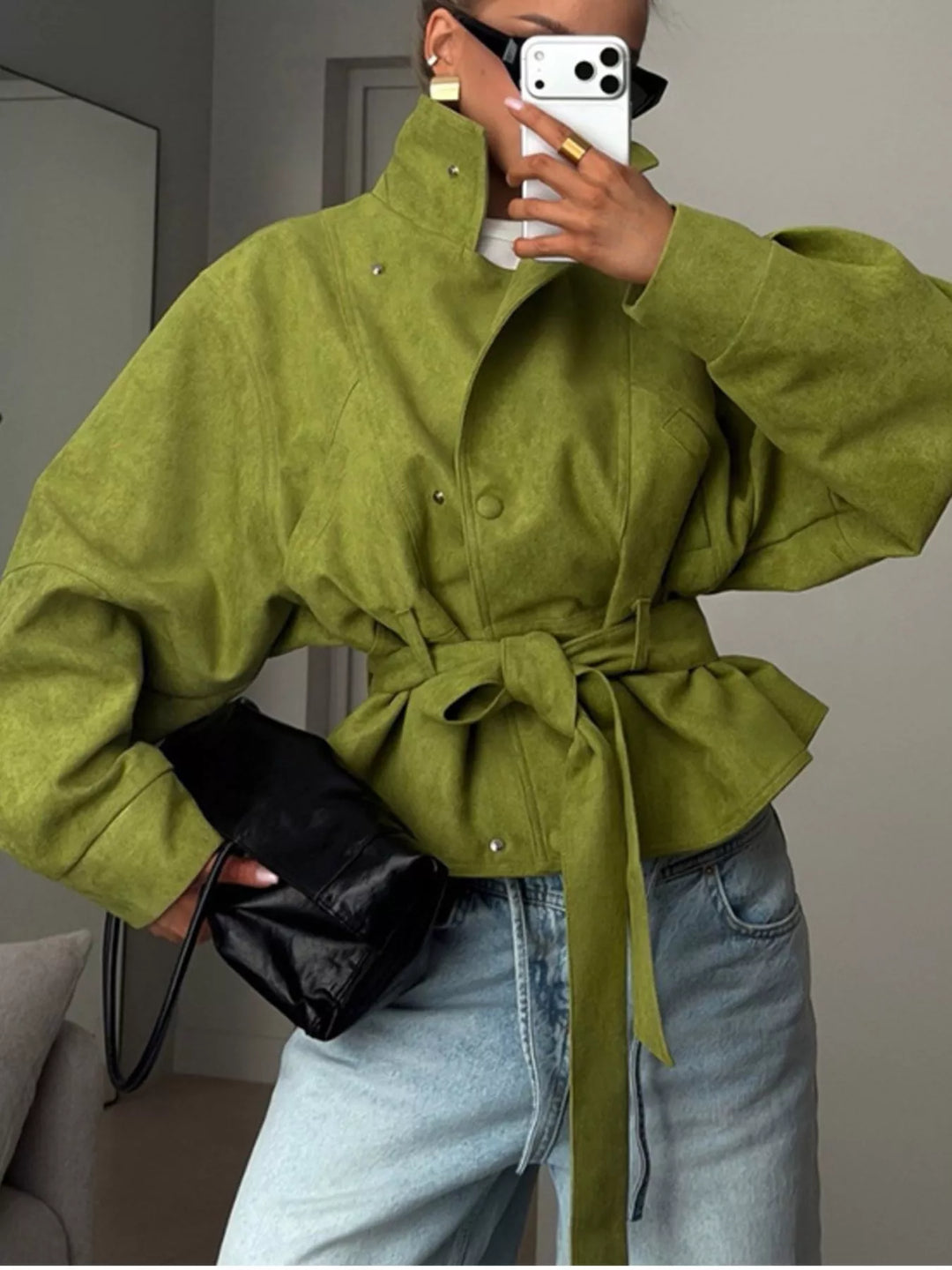 Tie waist cropped jacket with stand collar and snap front