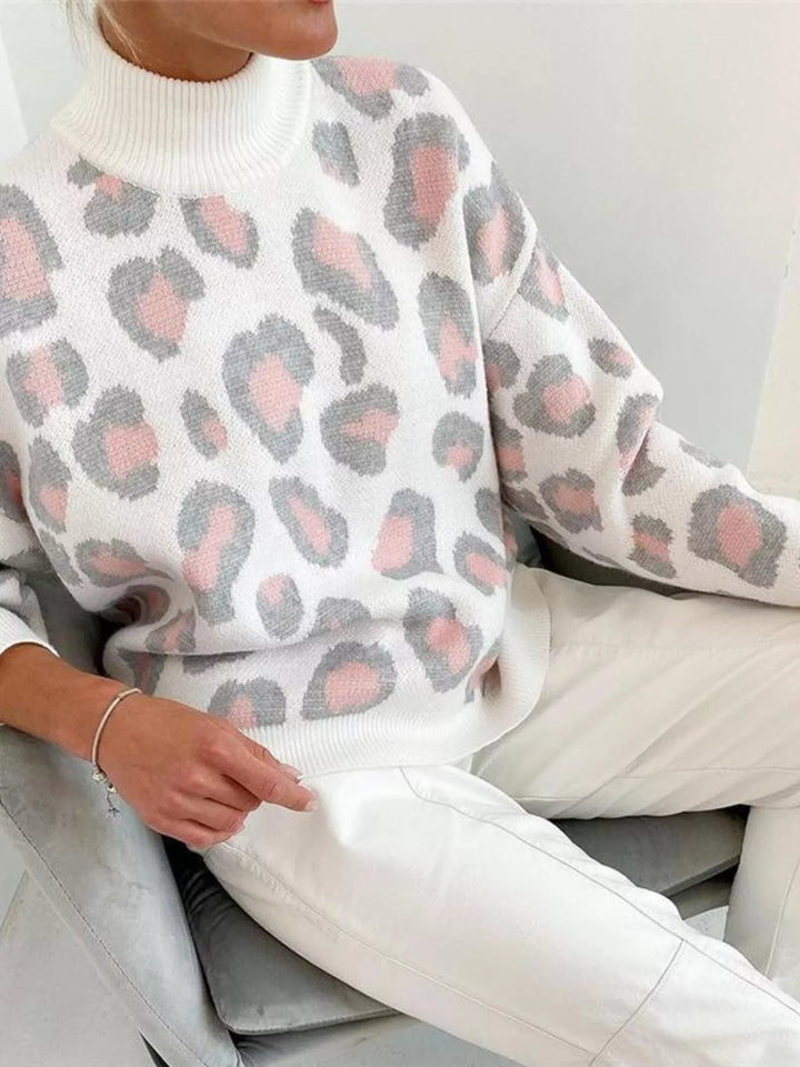 Leopard print long sleeve mock neck knit sweater