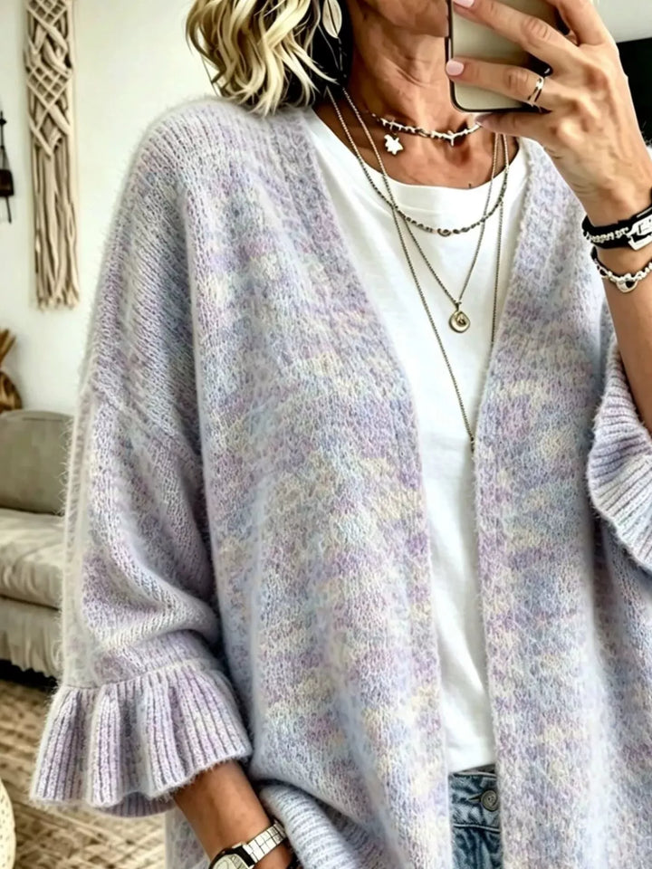 Ruffle bell sleeve open-front knit cardigan