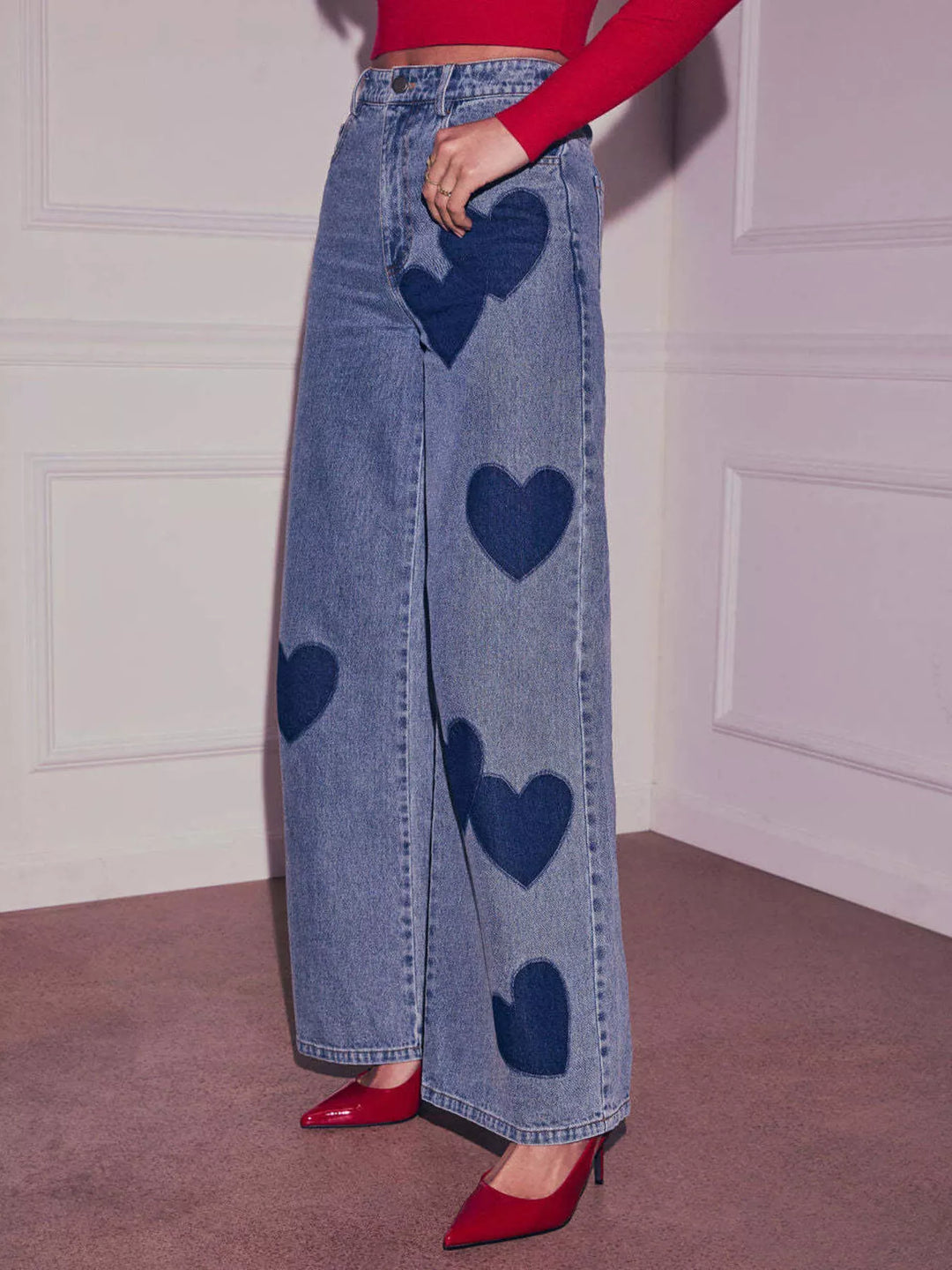 Heart patch high-rise wide leg jeans