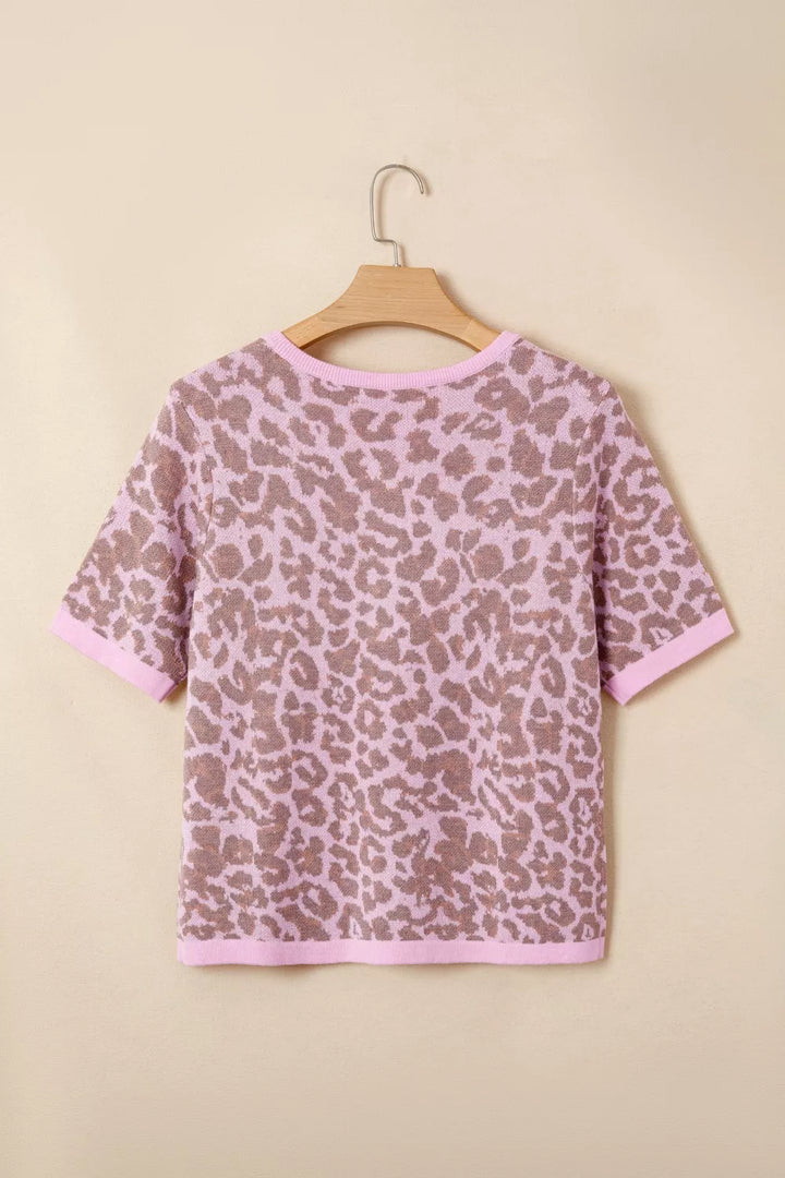 Leopard print short sleeve button-down knit cardigan