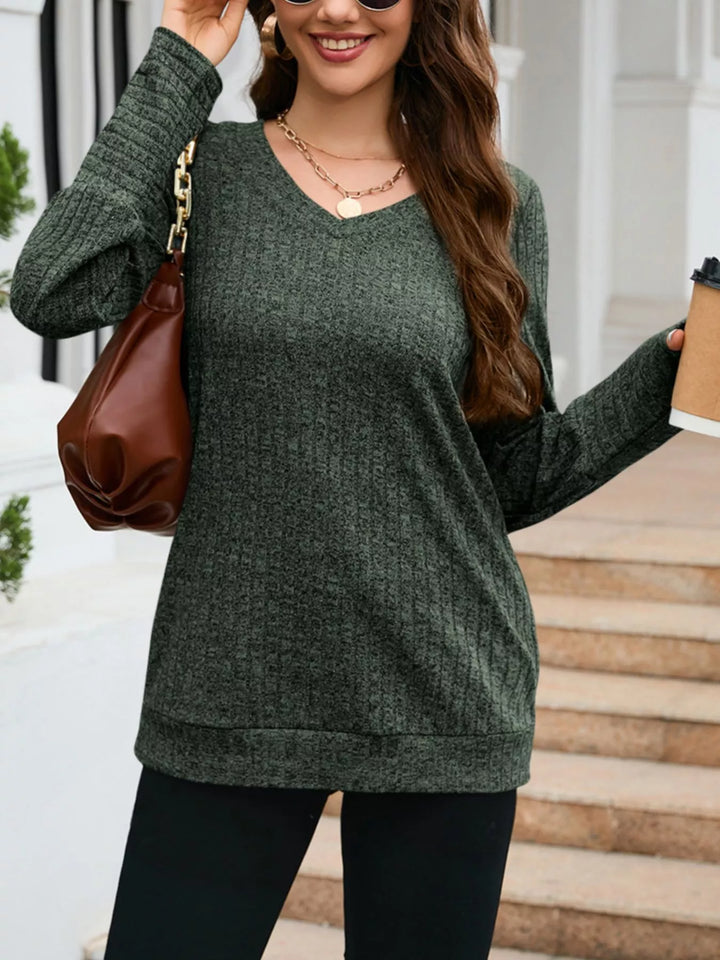 Ribbed knit V-neck long sleeve top with drop shoulders
