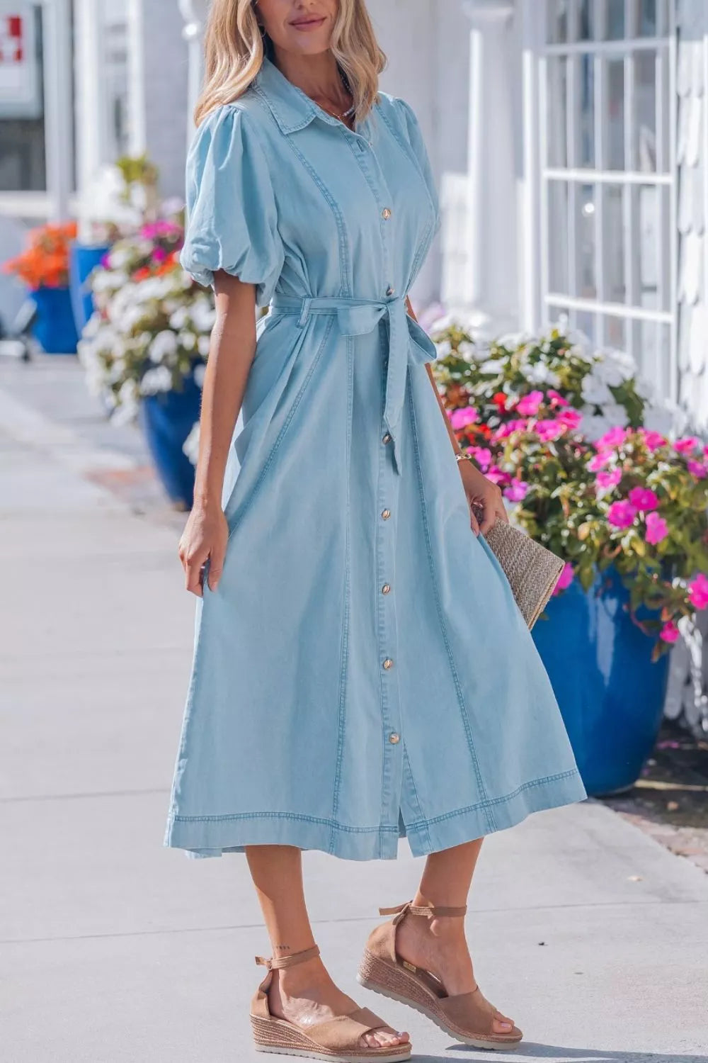 Belted chambray midi shirt dress with puff sleeves