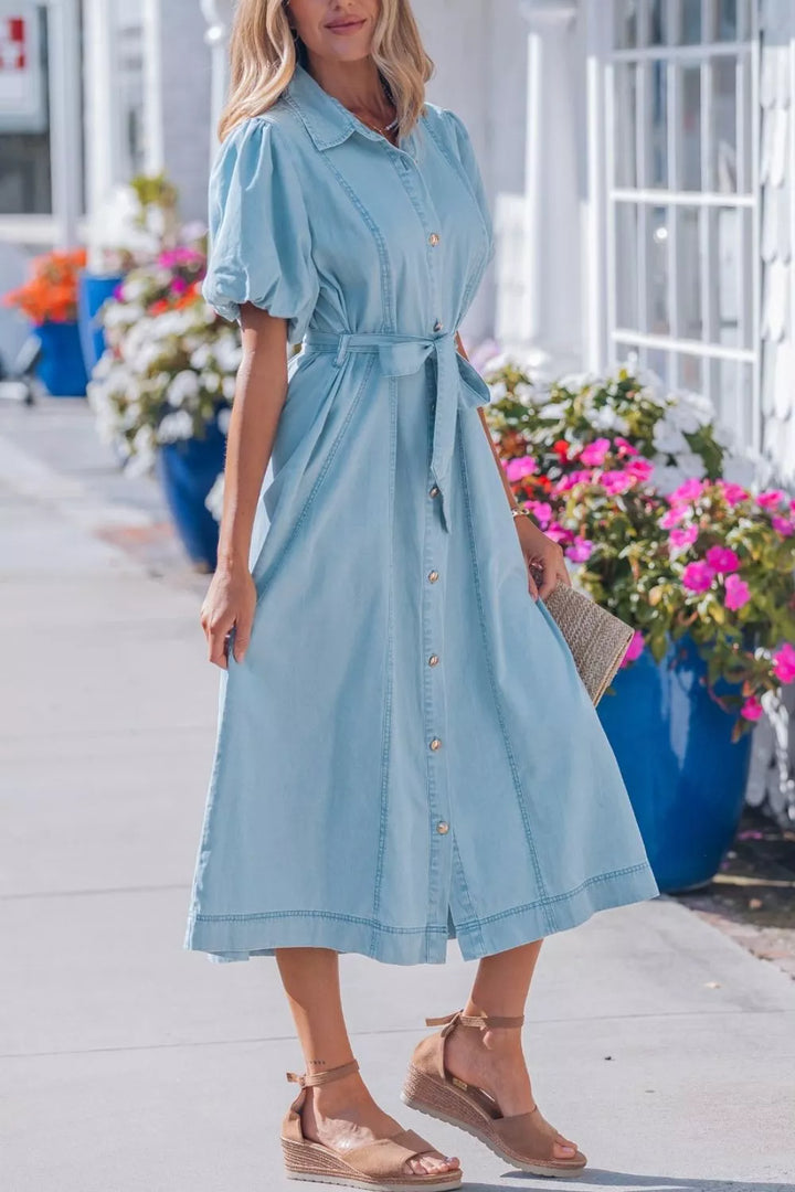 Belted chambray midi shirt dress with puff sleeves