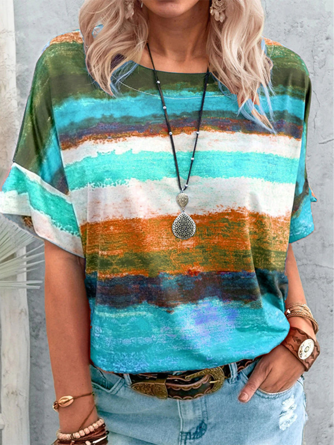 Lake Blue Abstract stripe round-neck short sleeve t-shirt