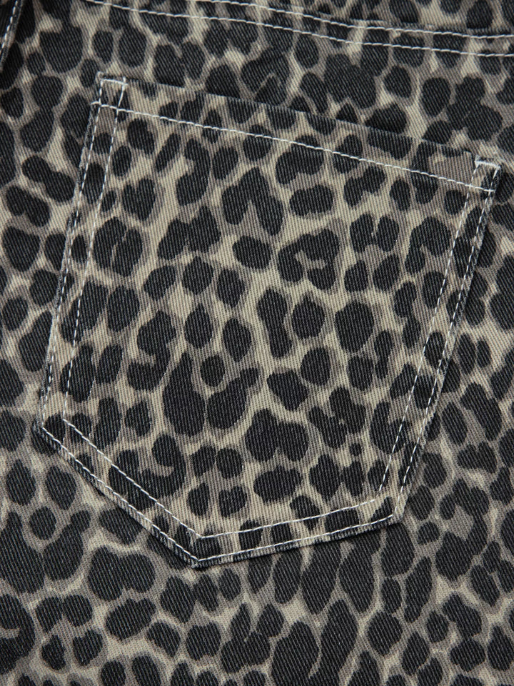 Leopard print high-rise barrel-leg jeans with pockets