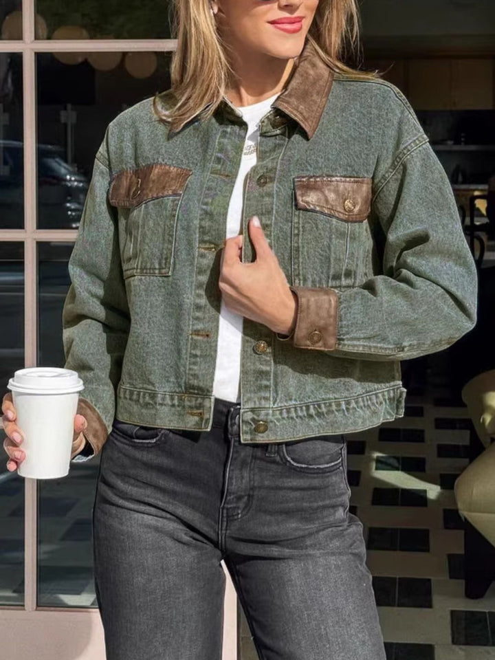Medium Cropped denim jacket with contrast collar and chest pockets