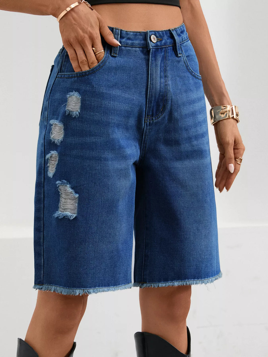 Blue Distressed high-rise denim bermuda shorts with frayed hem