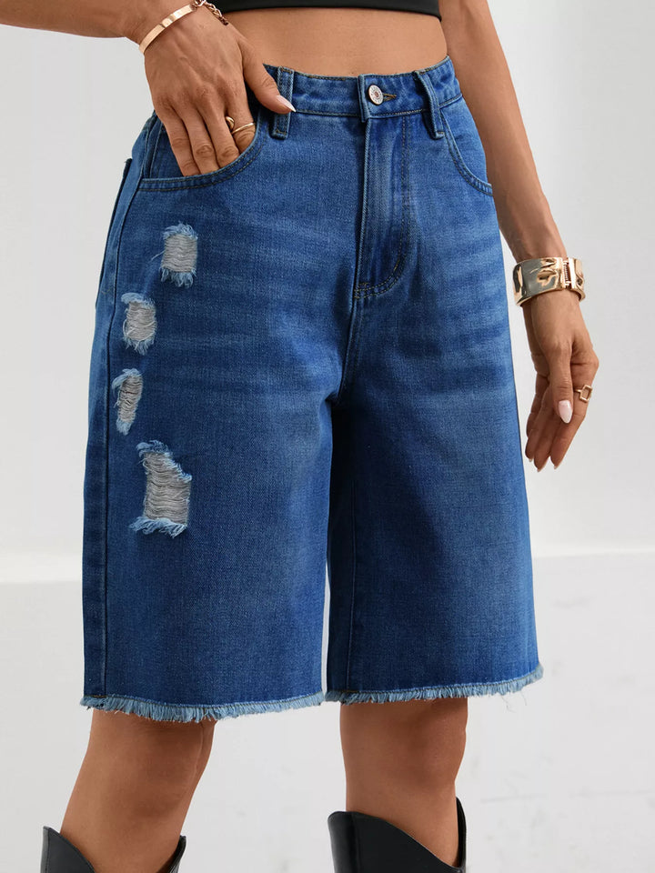 Blue Distressed high-rise denim bermuda shorts with frayed hem