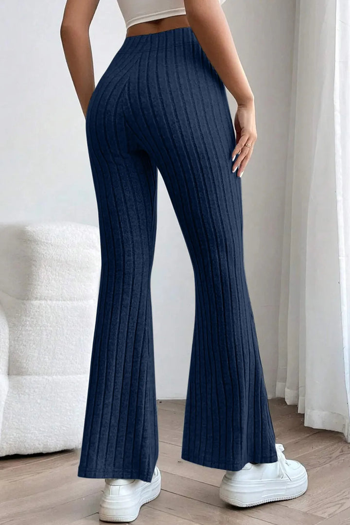 Ribbed knit high-waist flare pants with pull-on waist