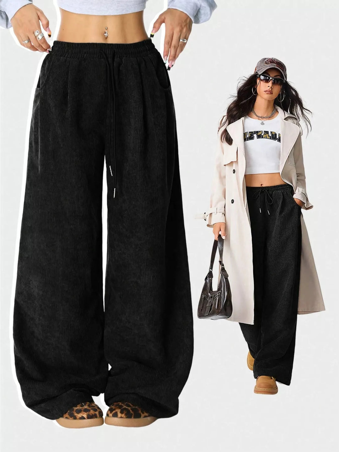 Corduroy wide-leg pants with drawstring waist