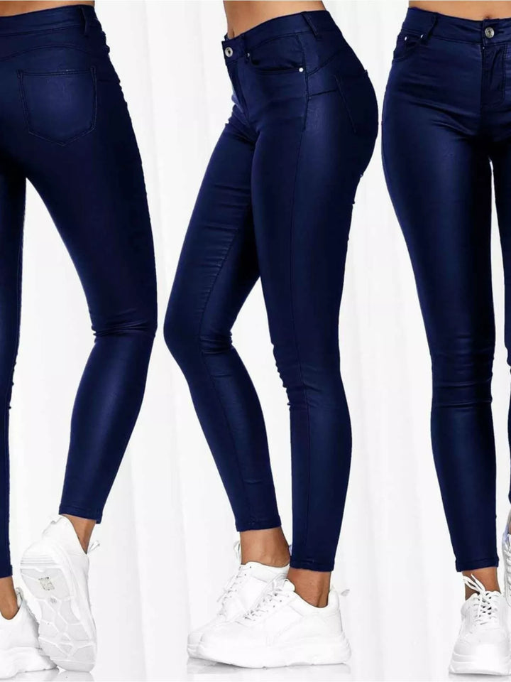 Coated high-rise skinny pants with five-pocket styling