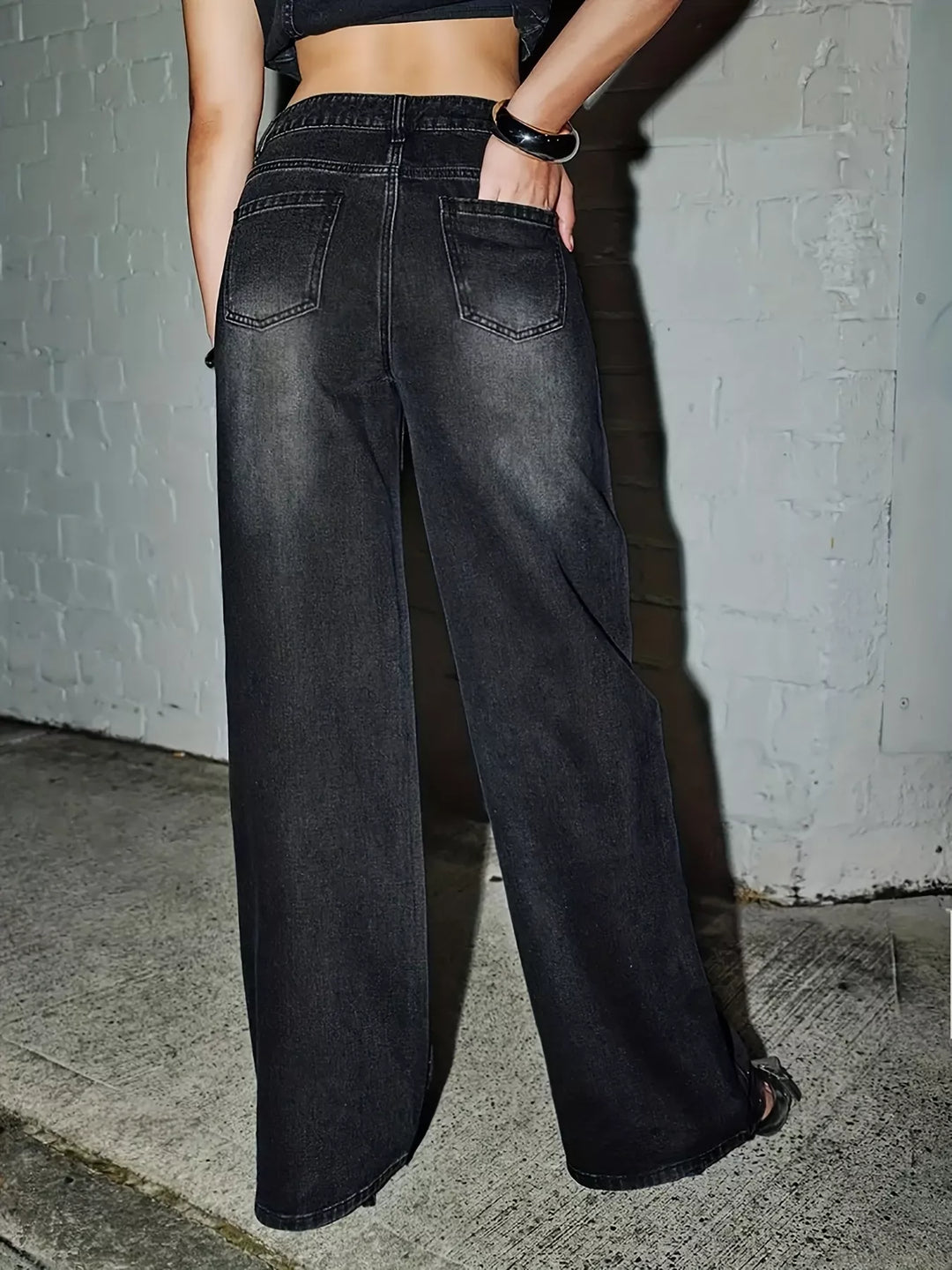 Rhinestone-scattered wide-leg jeans with five-pocket cut