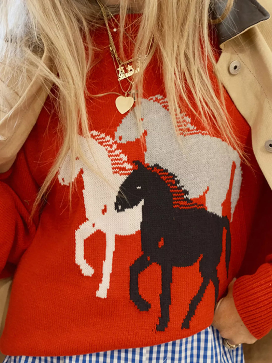 Horse graphic long sleeve crew neck knit sweater