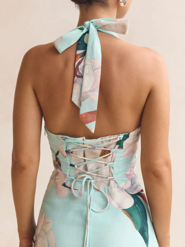 Floral print halter maxi dress with lace-up back
