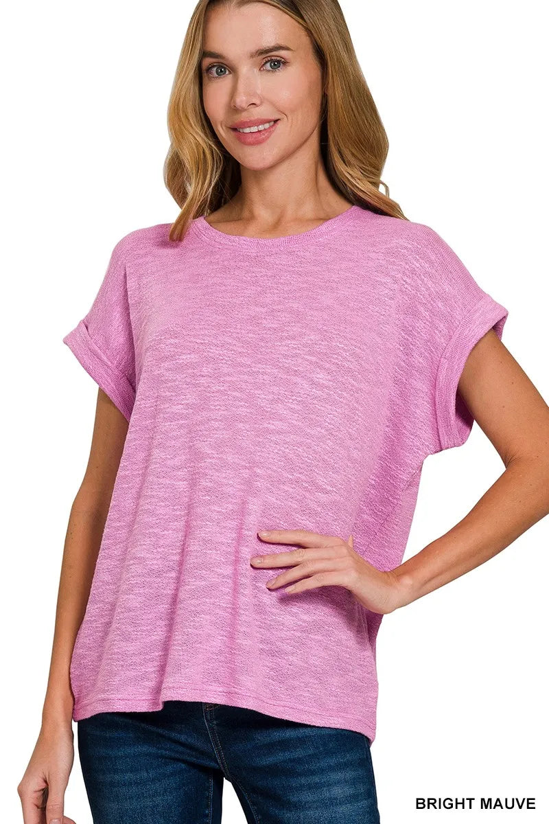 BRIGHT MAUVE Relaxed slub knit tee with rolled cuff short sleeves