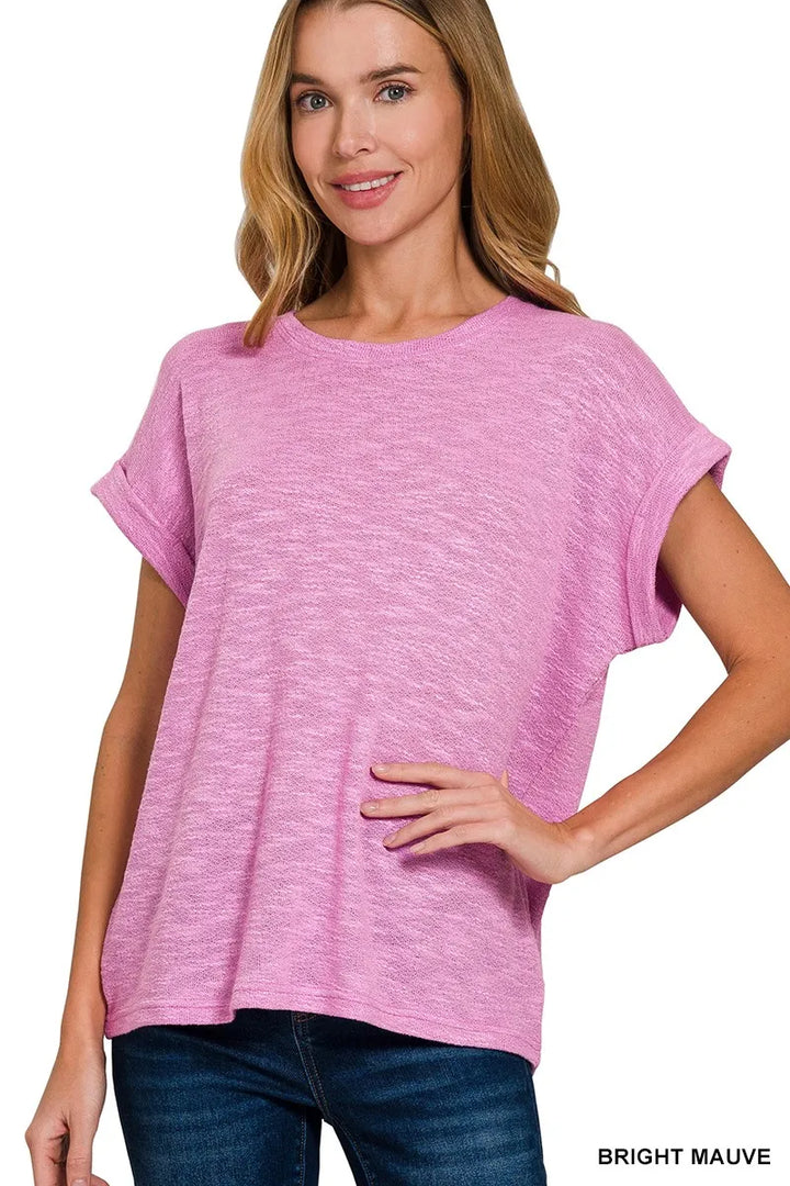 BRIGHT MAUVE Relaxed slub knit tee with rolled cuff short sleeves