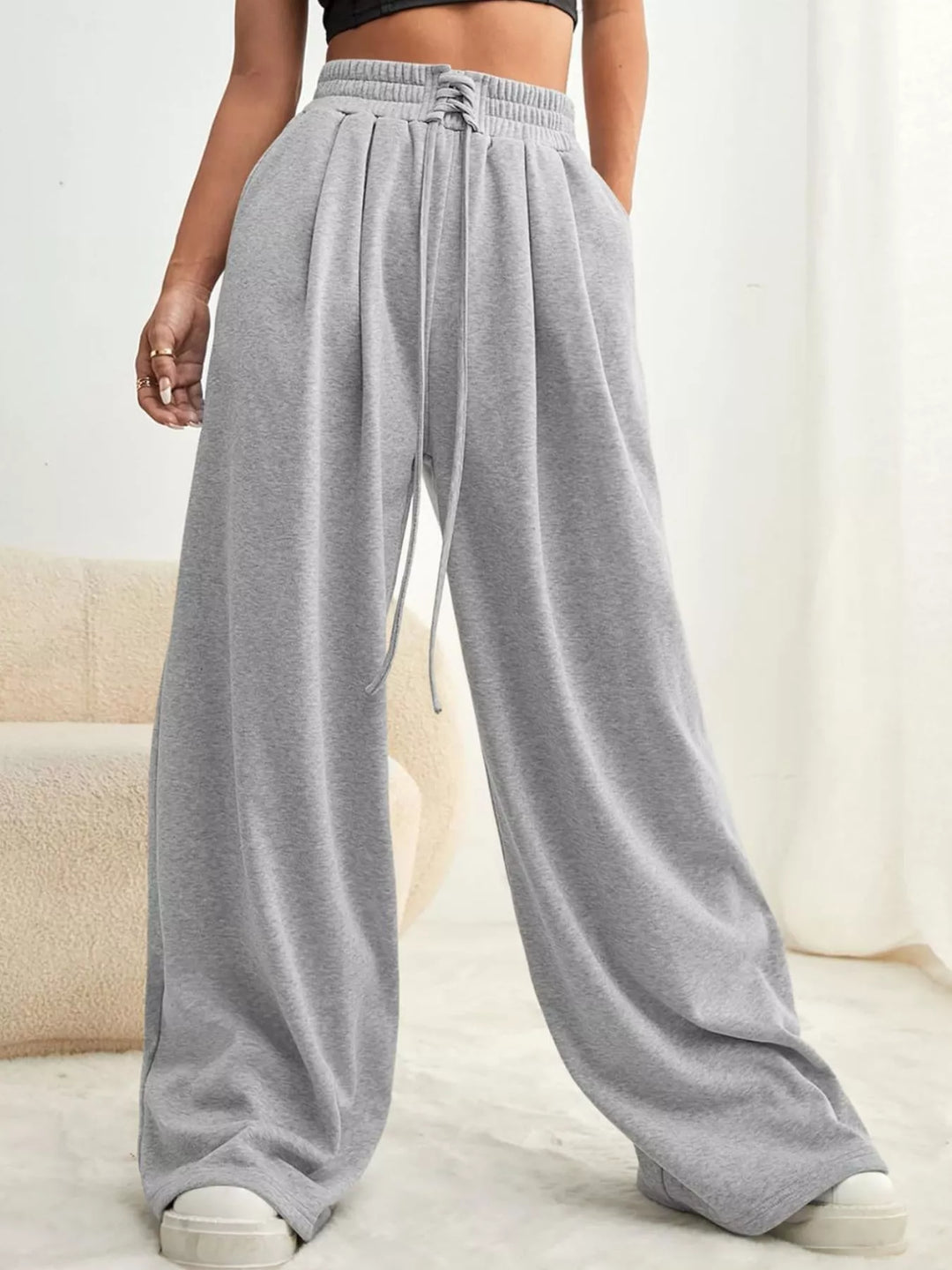 Pleated wide-leg drawstring pants with elastic waist