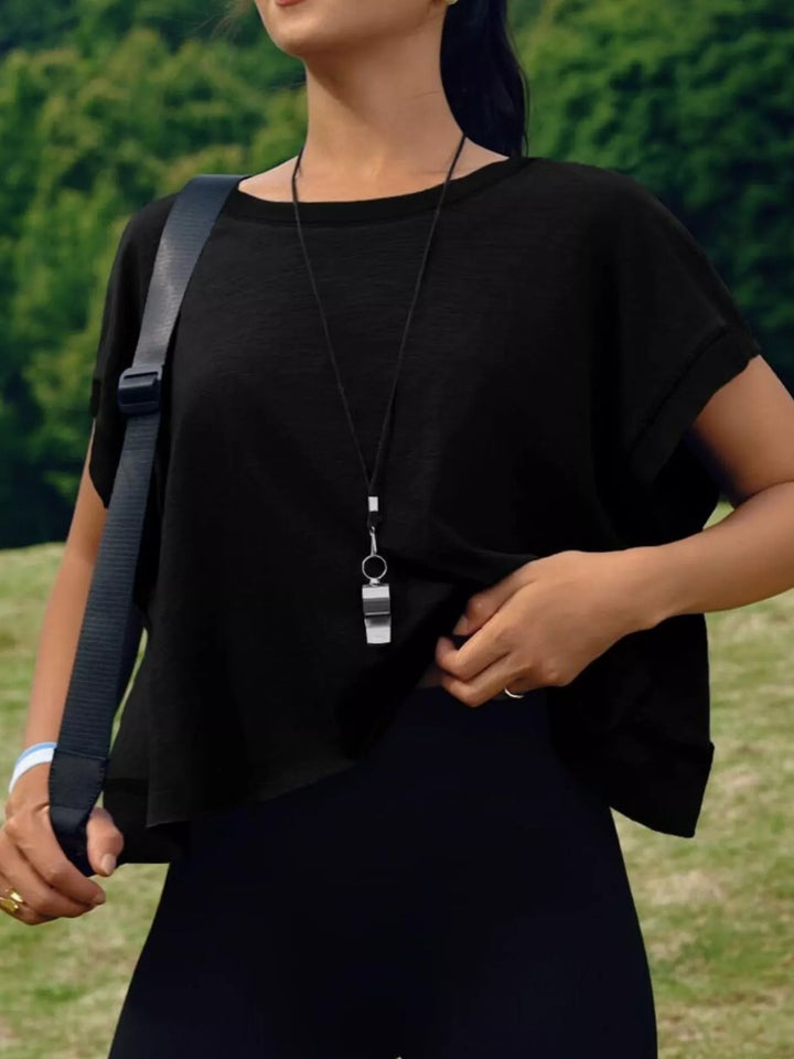 Cutout back boxy crew neck tee with exposed seams