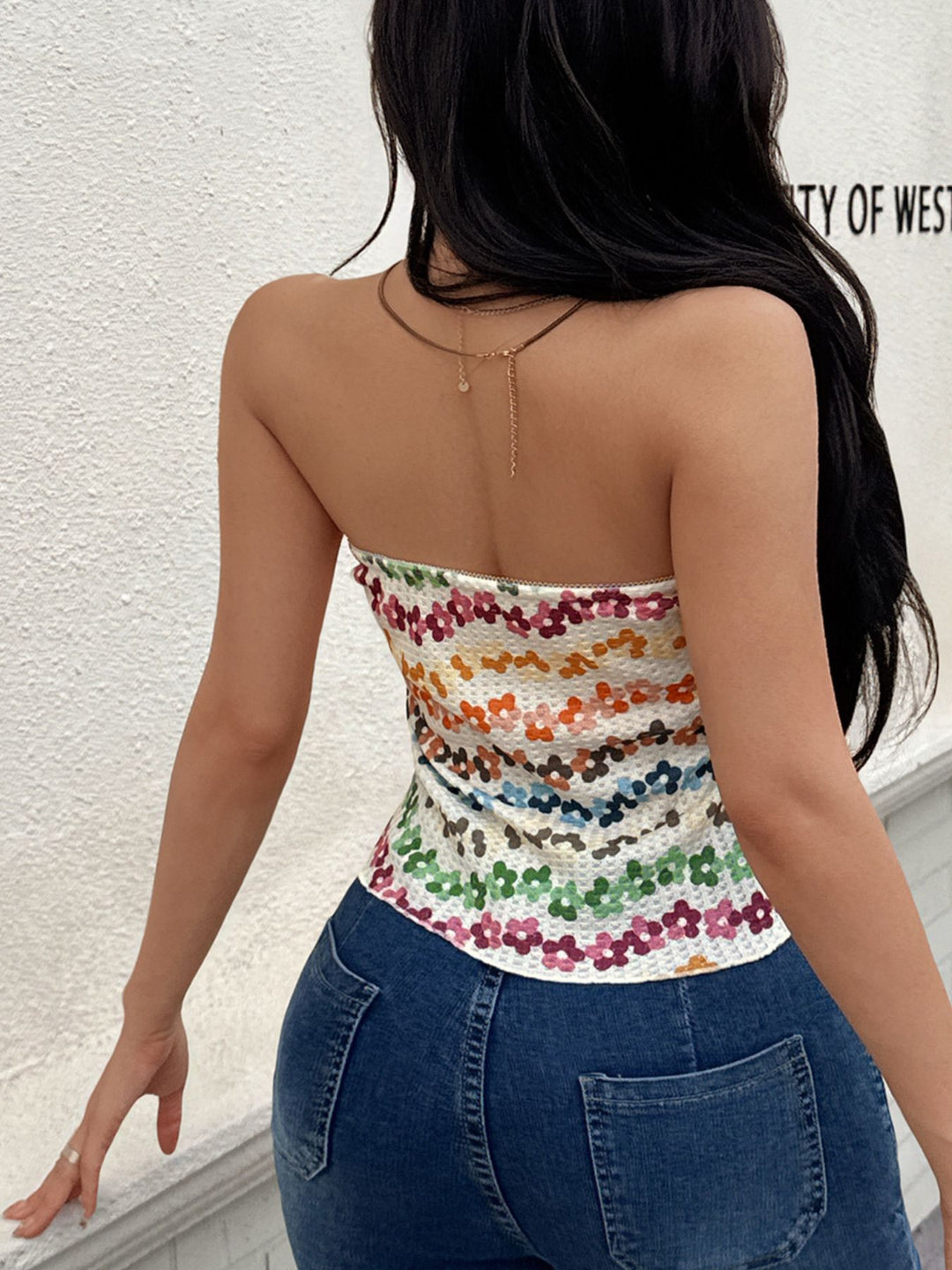 Floral ruched waffle-knit strapless tube top with bow