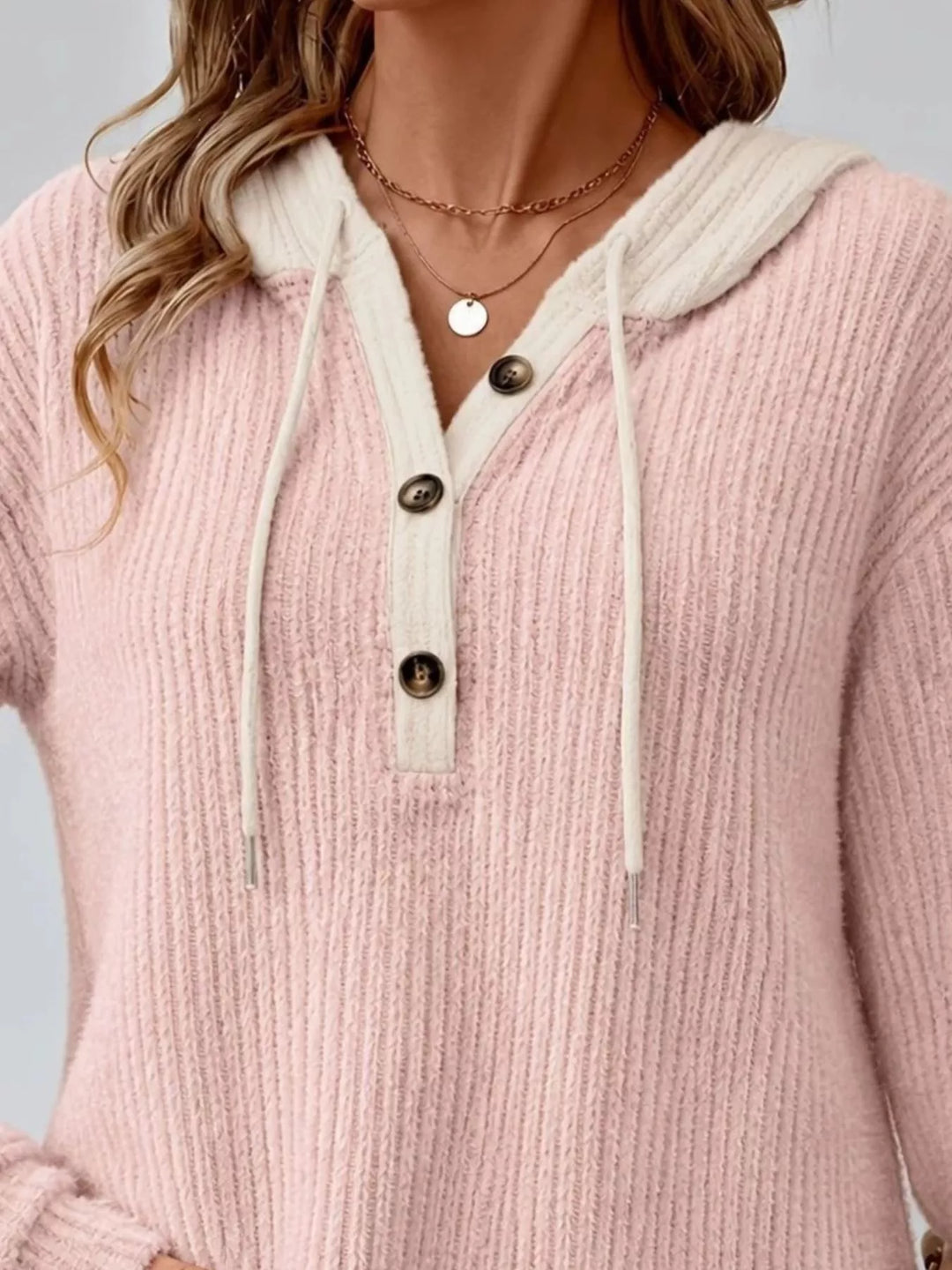 Ribbed knit drawstring hoodie with button henley placket