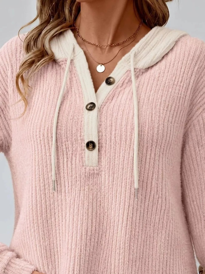 Ribbed knit drawstring hoodie with button henley placket