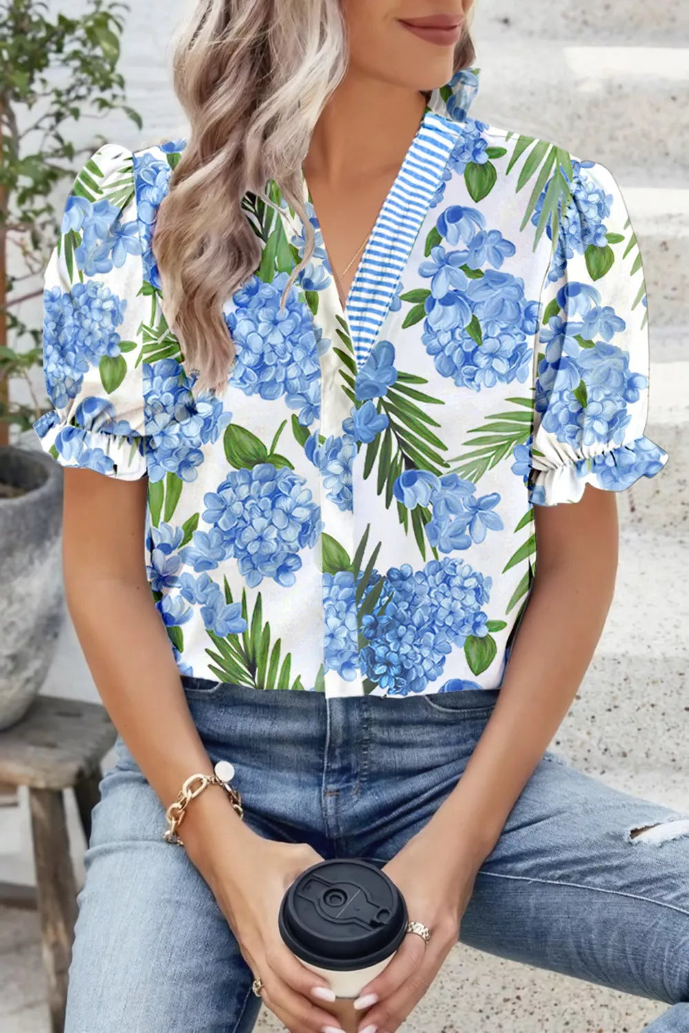Tropical floral and stripe patchwork blouse with ruffle trim